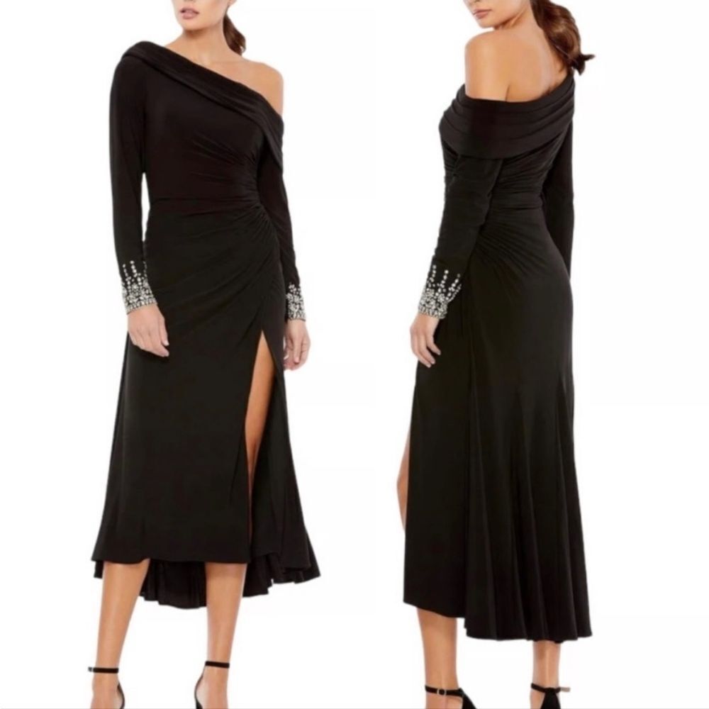 Mac Duggal Black Foldover Long Sleeve Jeweled Midi Dress Size 6 Nwt Retail $258